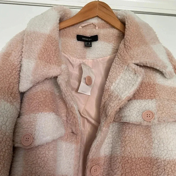 NWT Forever 21 Faux Fur Plaid Jacket Dusty Pink/Cream Plus Sz 2X - Picture 7 of 11